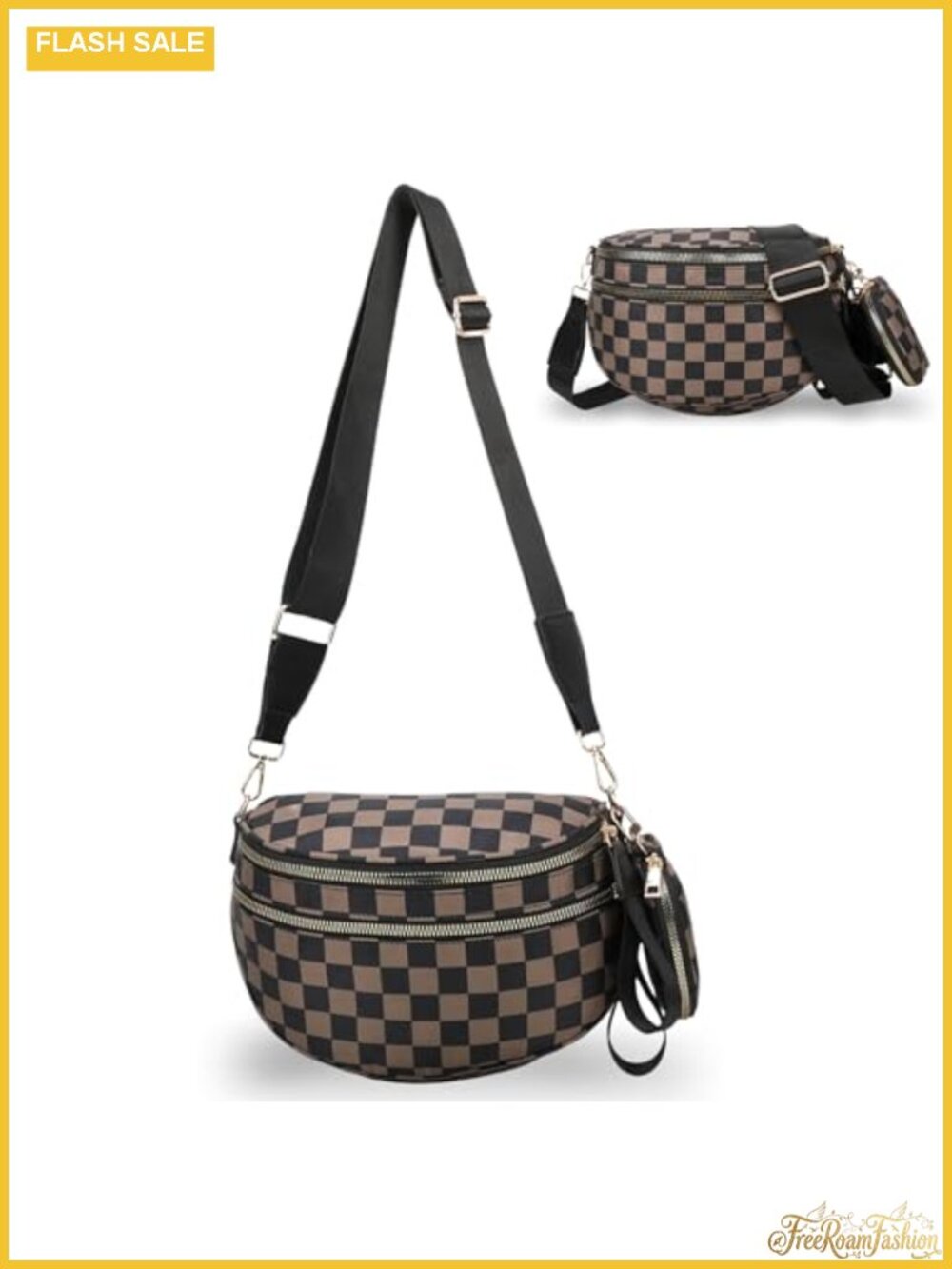 Nylon Checkered Crossbody Bum Bag Wide Strap Sling Purse